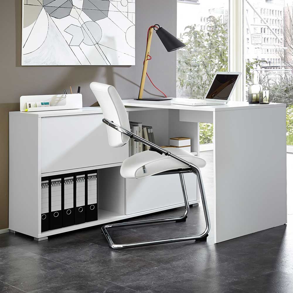 Schreibtisch Podry in Weiß und Eiche Sonoma mit Regal
