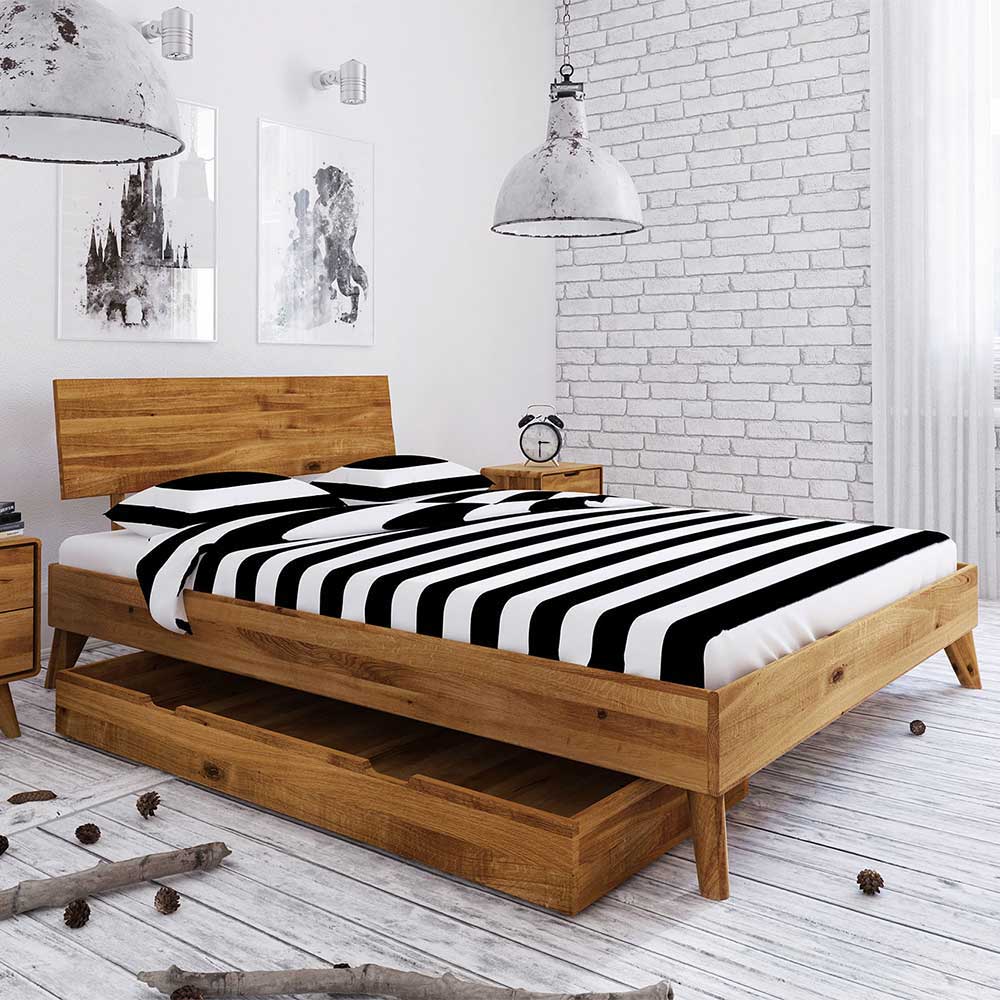 Einzelbettgestell Vinial mit Bettkasten aus Wildeiche Massivholz