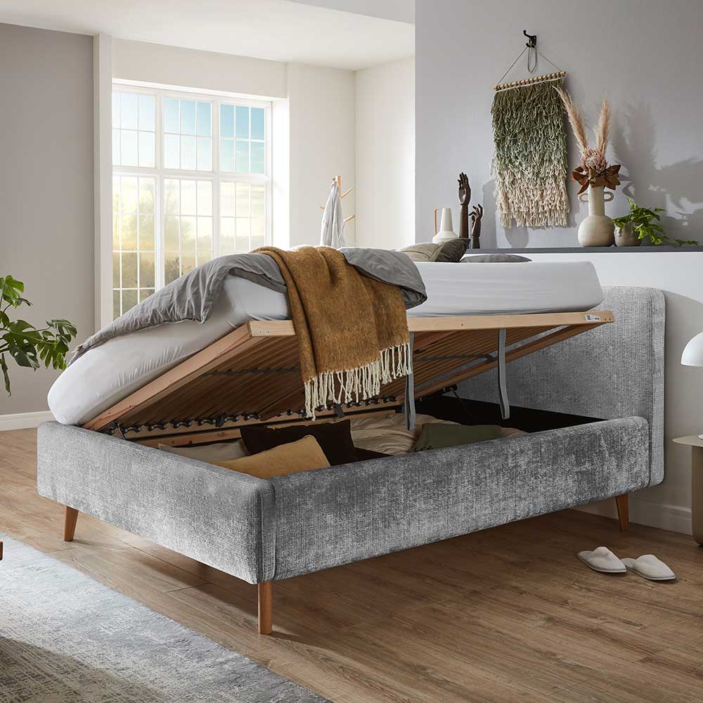 Franzoesisches Bett Mariocano in Grau mit Bettkasten und Lattenrost