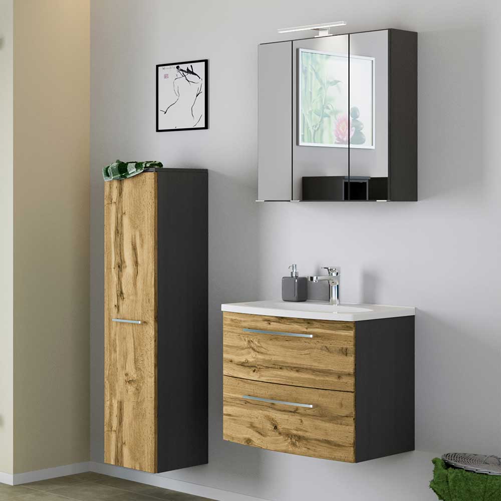 design badezimmer möbel pronia in dunkelgrau und wildeichefarben  (dreiteilig)
