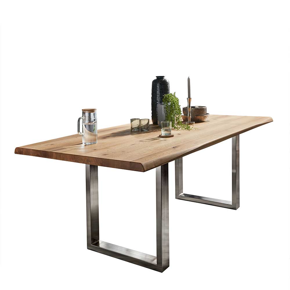 Esszimmer Tisch Iscian aus Wildeiche Massivholz mit Stahl Bügelgestell
