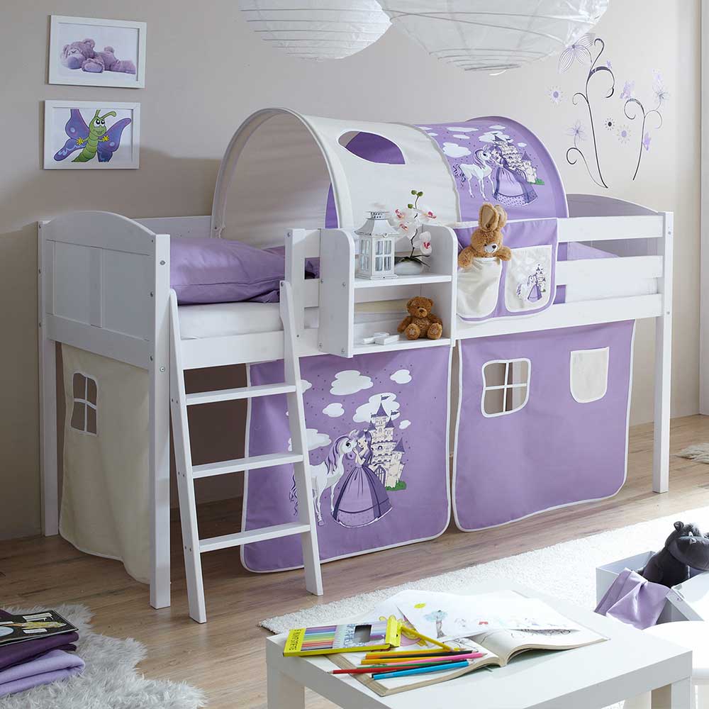 Kinderzimmerbett Snowball aus Kiefer Massivholz in Weiß mit Prinzessin Motiv