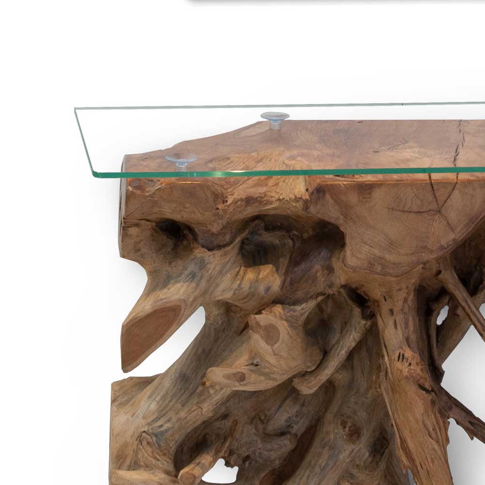 Design Konsolentisch Momo aus Teak Wurzelholz mit Glasplatte
