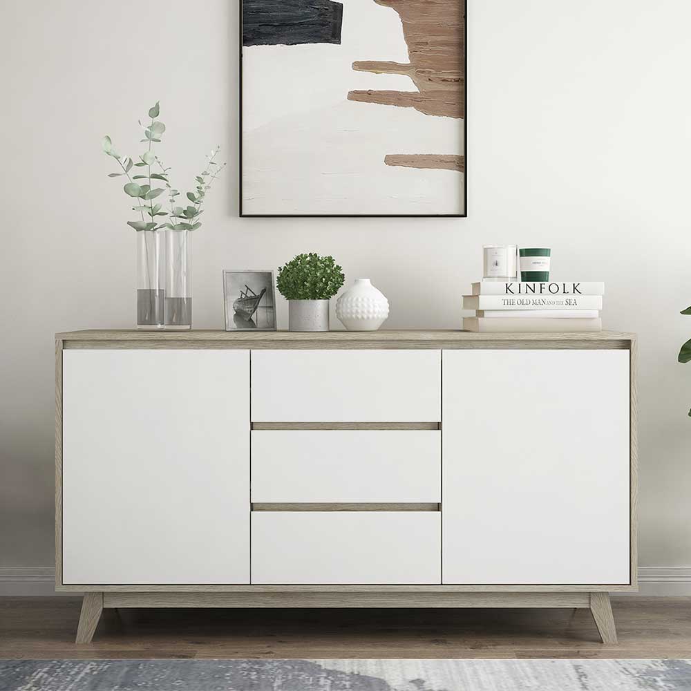 Esszimmersideboard Crevesca im Skandi Design in Weiß und Holz Naturfarben