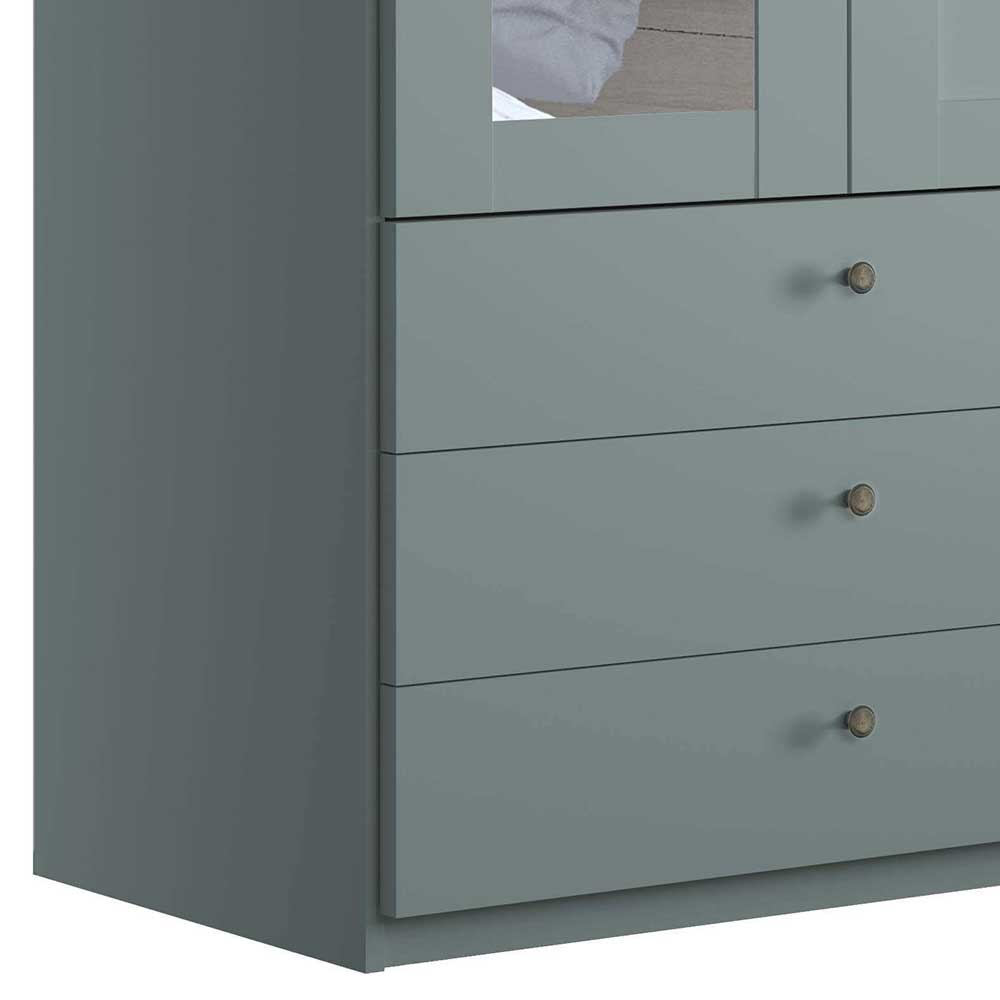 Spiegeltür Kleiderschrank Forjan in Graugrün mit drei Schubladen