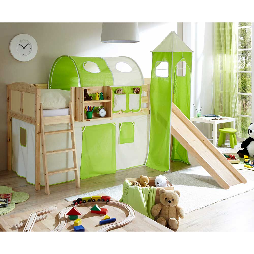 Kinderbett Cilarisa aus Kiefer Massivholz mit Turm in hell Grün