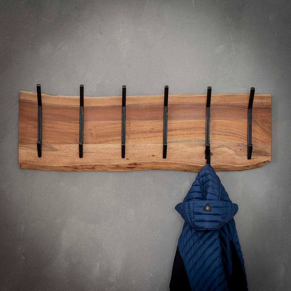 Einzigartige Garderobenleiste Shirina aus Akazie Massivholz mit 6 Metallhaken