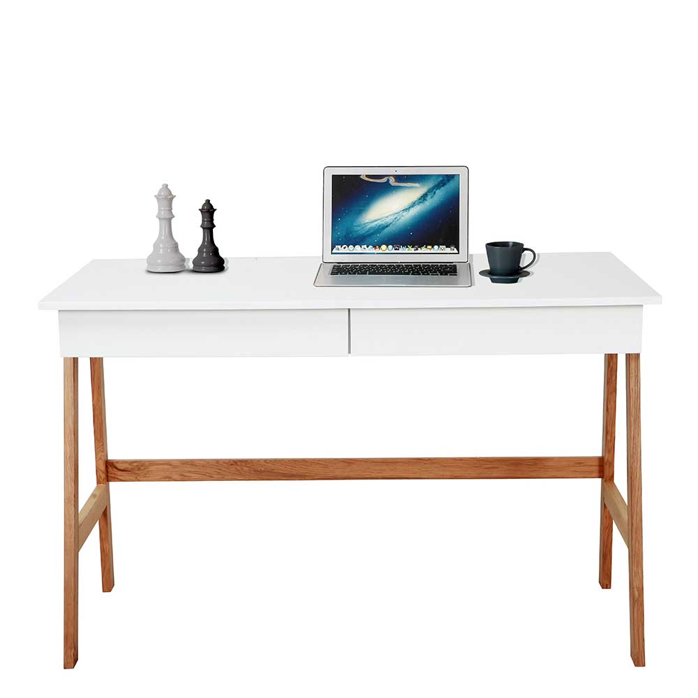 Skandi Schreibtisch Claudeus in Weiß und Holz Naturfarben