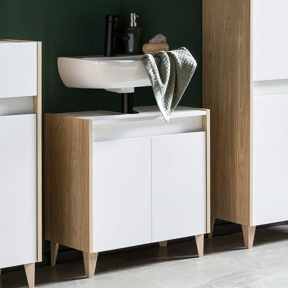 Waschtischunterschrank Lymesca in Weiß und Eiche hell im Skandi Design