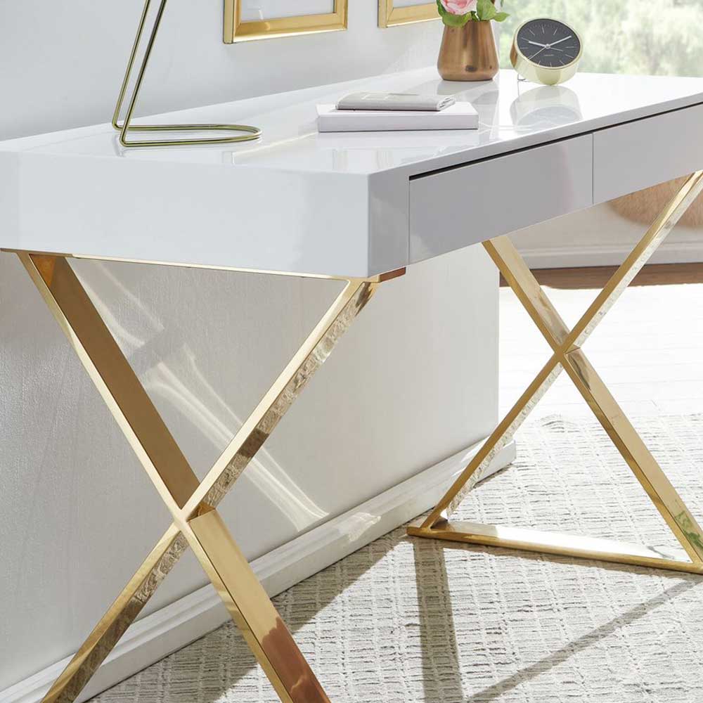 Design Schreibtisch Foman in Weiß und Goldfarben mit zwei Schubladen