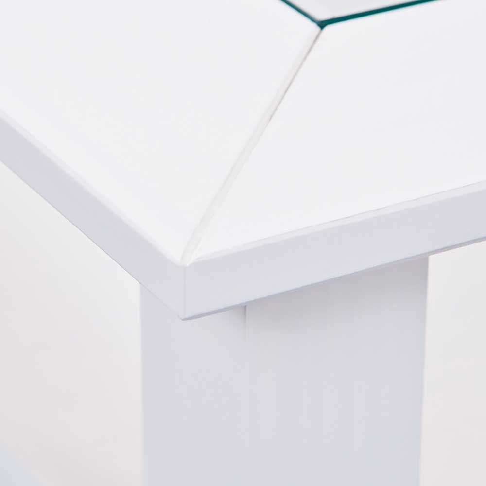 Designercouchtisch Alberto in Weiß Kiefer massiv mit eingefasster Klarglasplatte