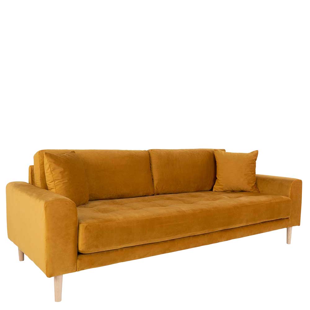 Gelbes 3er Sofa Aqua aus Samt und Massivholz mit Armlehnen