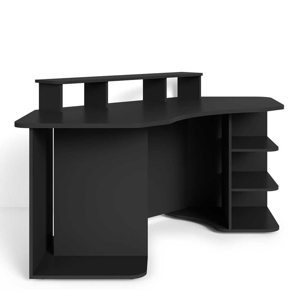 Schwarzer Gaming Schreibtisch Buffalo mit Seitenregalen und Bildschirmaufsatz