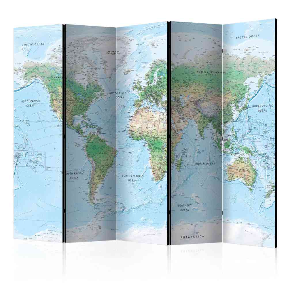 5-teiliger Paravent Louis mit geografischem Weltkarten Motiv 225 cm breit