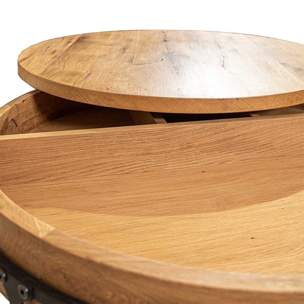 Couchtisch Tabaco aus Wildeiche Massivholz und Stahl mit drehbarer Tischplatte