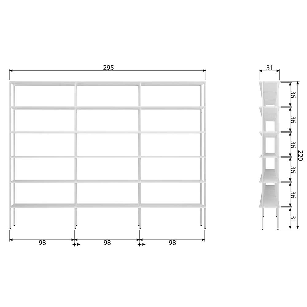 Stahl und Holz Regal Gaderon in Weiß 295 cm breit und 220 cm hoch