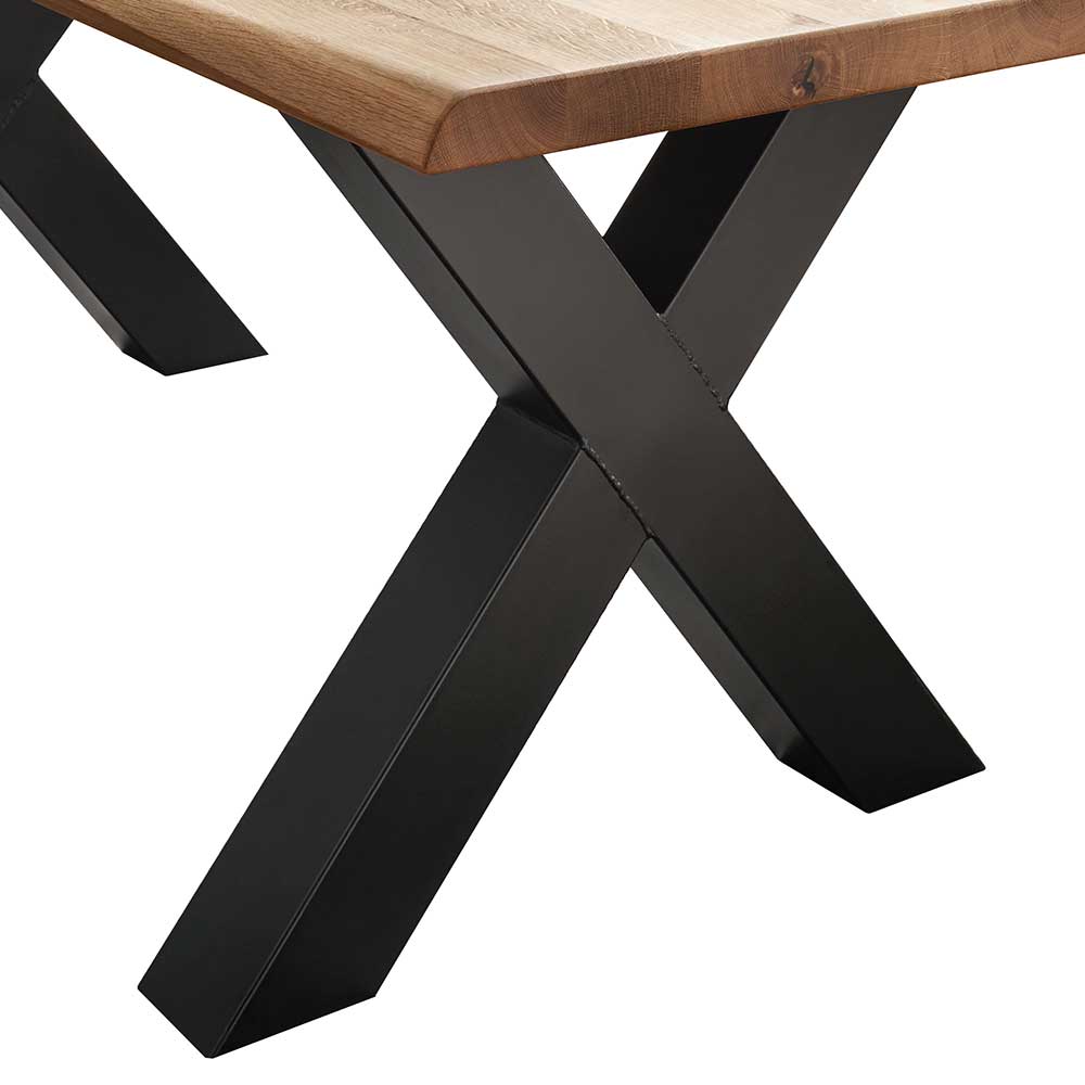 Esszimmer Tisch Adjoma aus Wildeiche Massivholz und Stahl mit X-Fußgestell