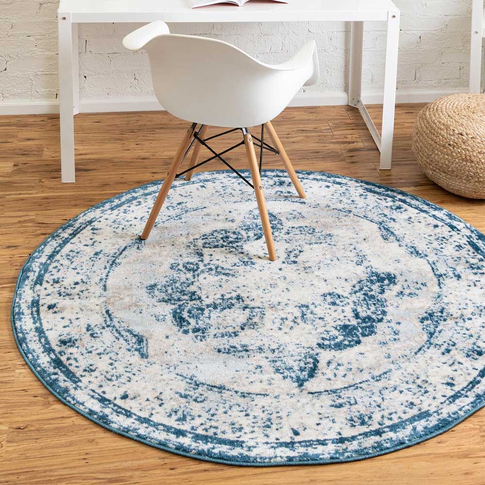 Vintage Teppich rund Nafissa in Hellblau und Cremefarben