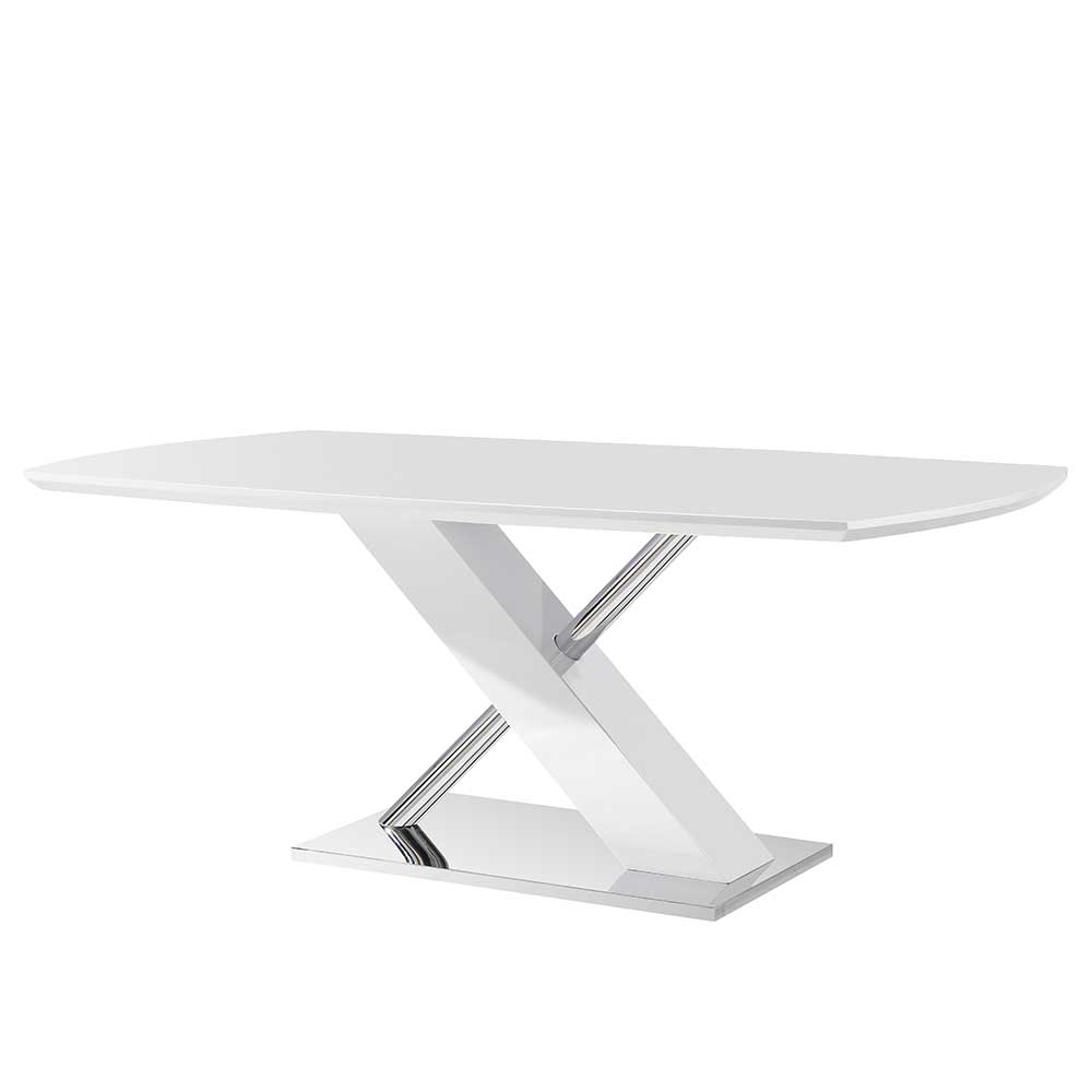 Esszimmer Tisch Samluca in Weiß Hochglanz und Chromfarben mit Säulengestell