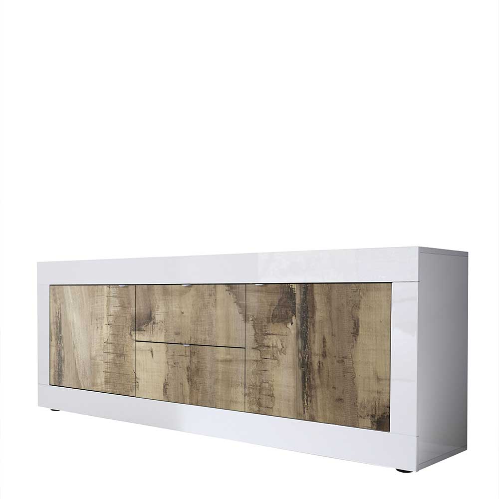 Modernes TV Sideboard Yuelva in Weiß und verwitterter Holz Optik 2 türig