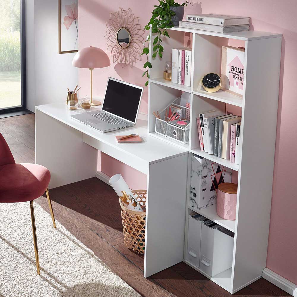 Home Office Schreibtisch Conory in Weiß mit Seitenregal