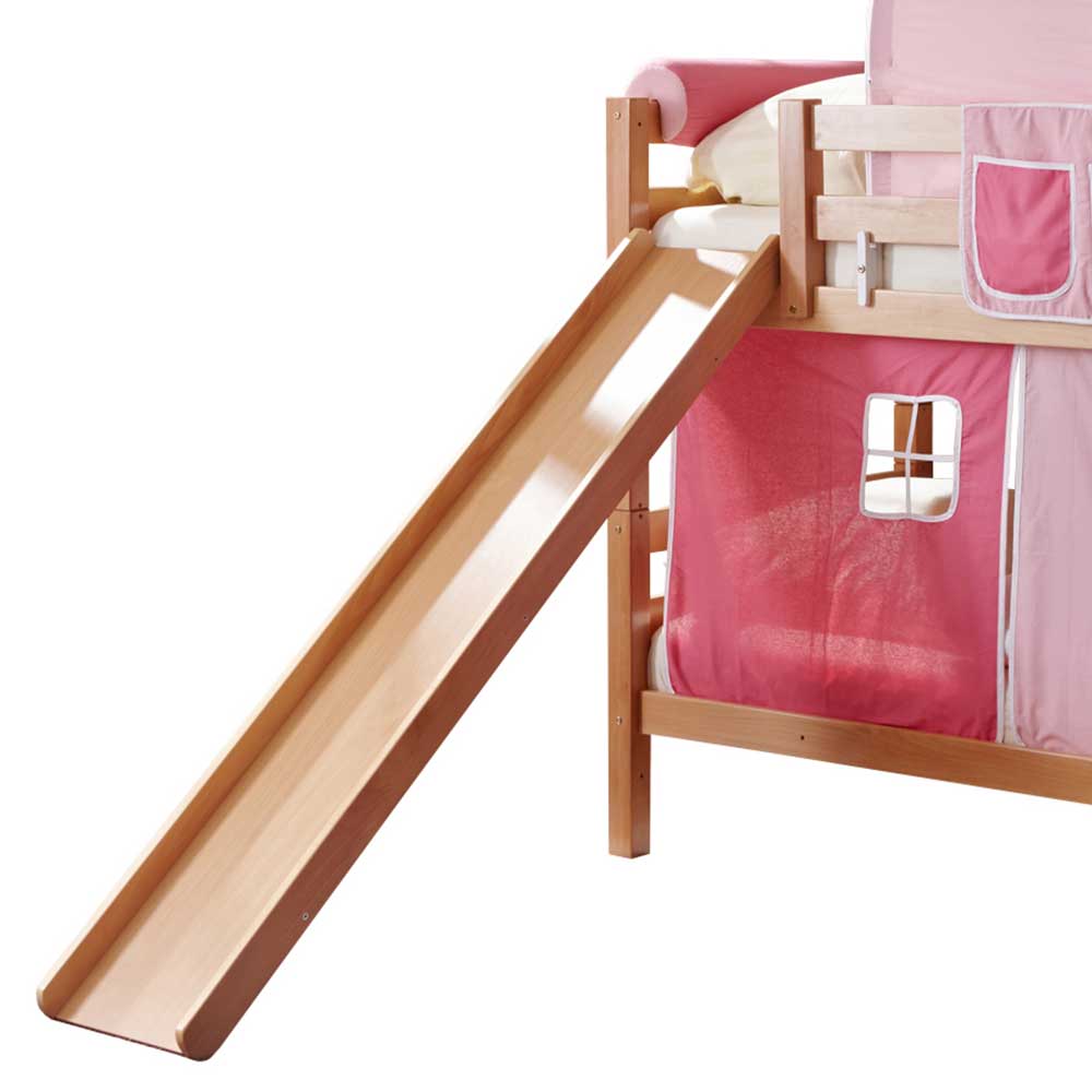 Kinderetagenbett Rateta für Mädchen mit Rutsche und Vorhang in Rosa