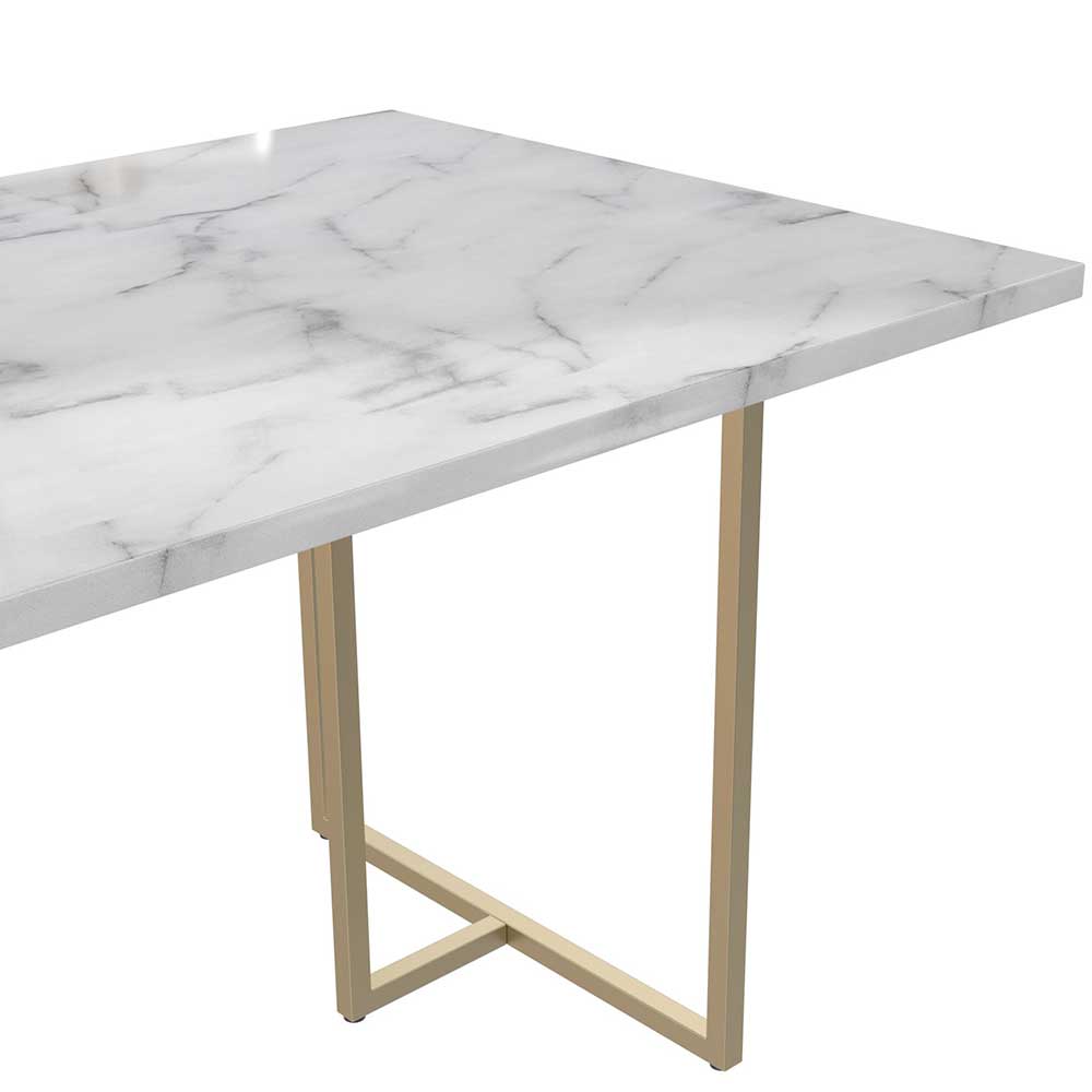 Moderner Esszimmer Tisch Mamina in weißer Marmor Optik und Goldfarben