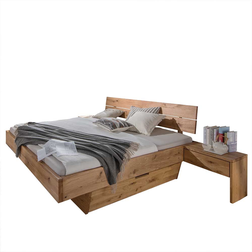 Wildeiche Holzbetten Corretto mit zwei Nachtkommoden und Bettkasten (dreiteilig)