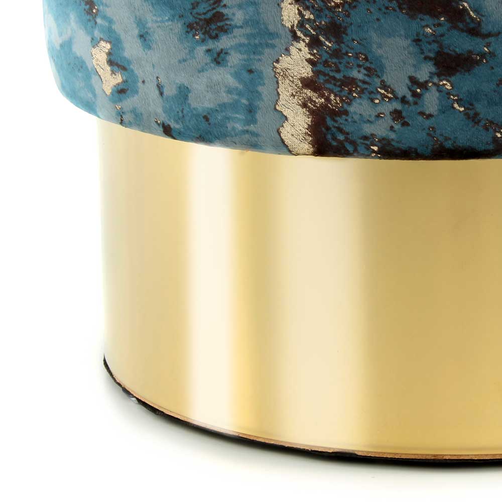 Samt Sitzhocker Kastian Dunkelblau und Goldfarben in marmorierter Optik