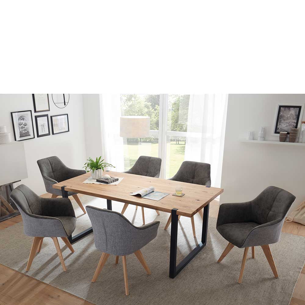 Design Essgruppe Vernazza aus Eiche massiv mit Armlehnenstühlen in Grau (siebenteilig)