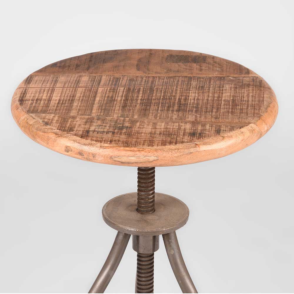Sitzhocker Panfreda aus Mangobaum Massivholz und Metall mit Gewindedrehung