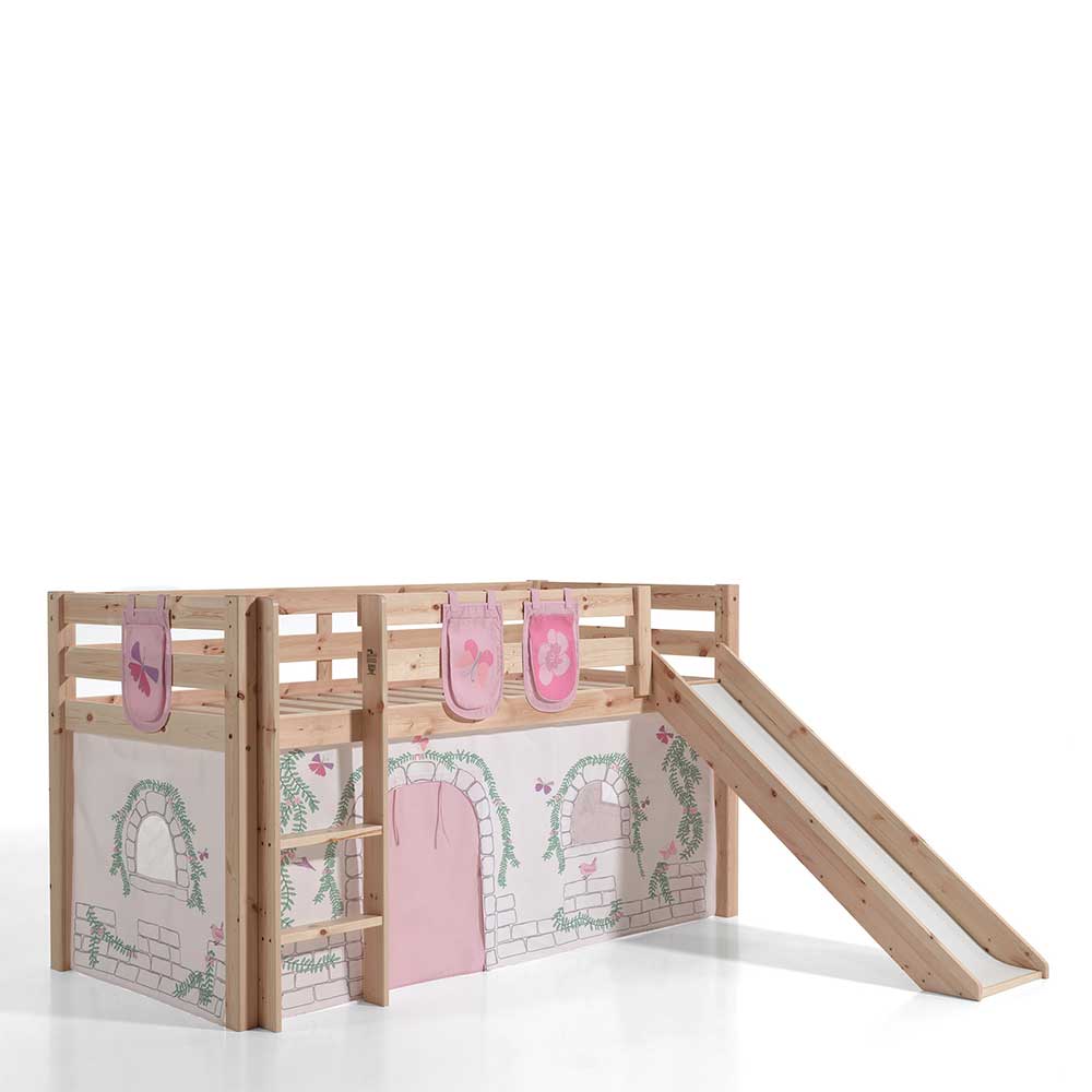 Mädchen Spielbett Sonja aus Kiefer Massivholz mit Vorhang und Leiter