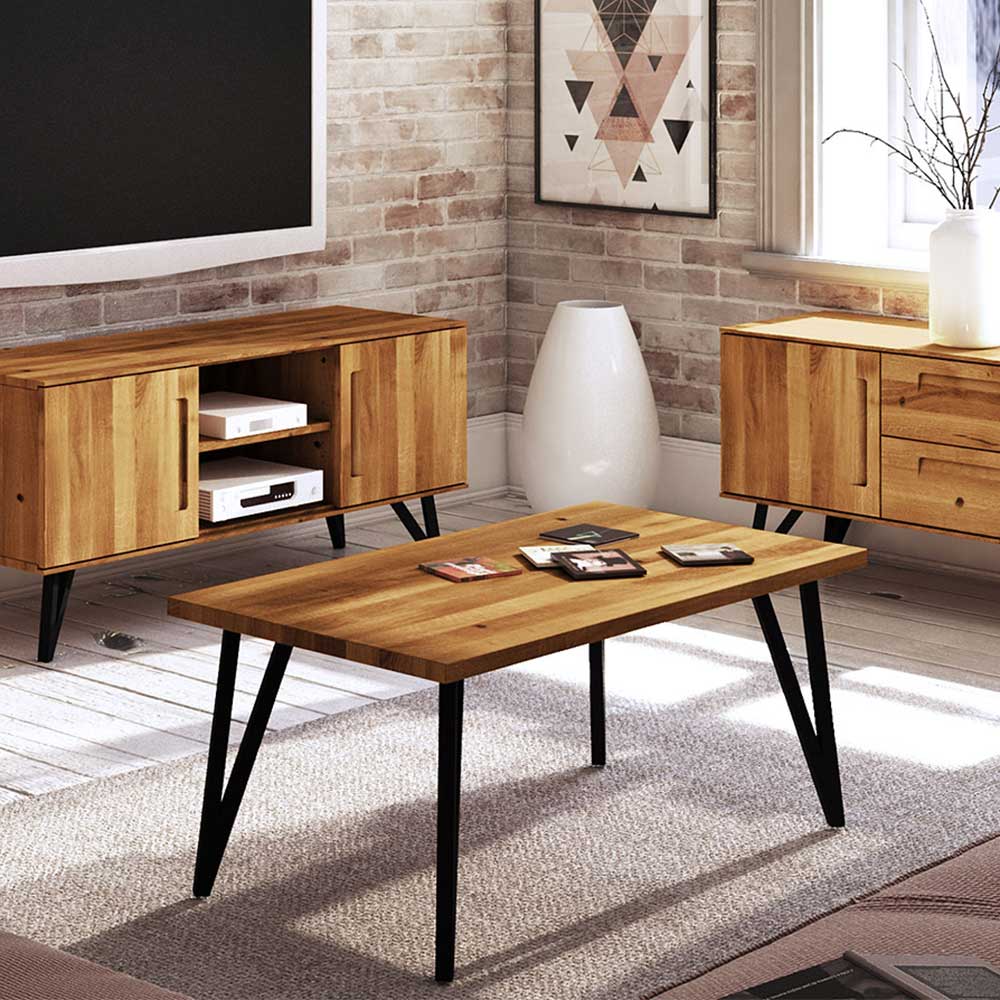 Sofa Tisch Cariasca aus Wildeiche Massivholz und Stahl im Loft Design