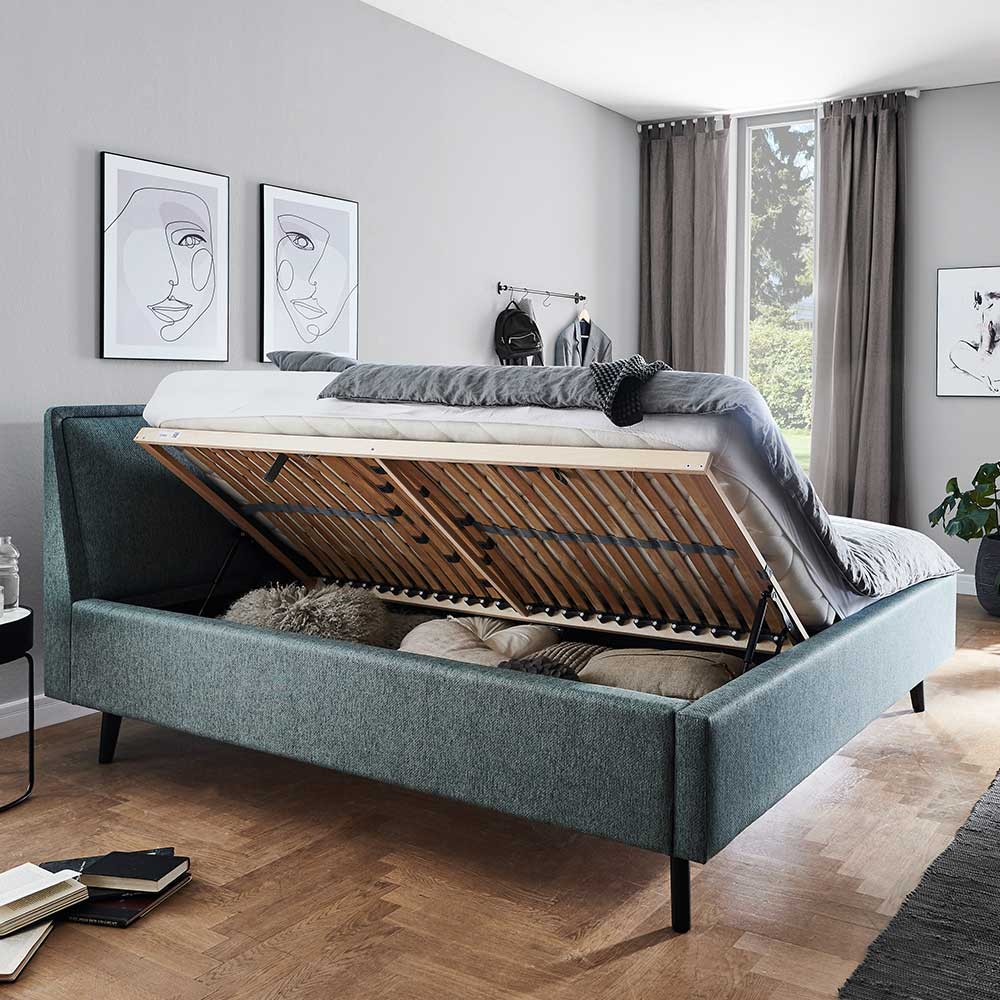 Blaugraues Polster Bett Morsina 50 cm Einstiegshöhe mit Vierfußgestell aus  Holz