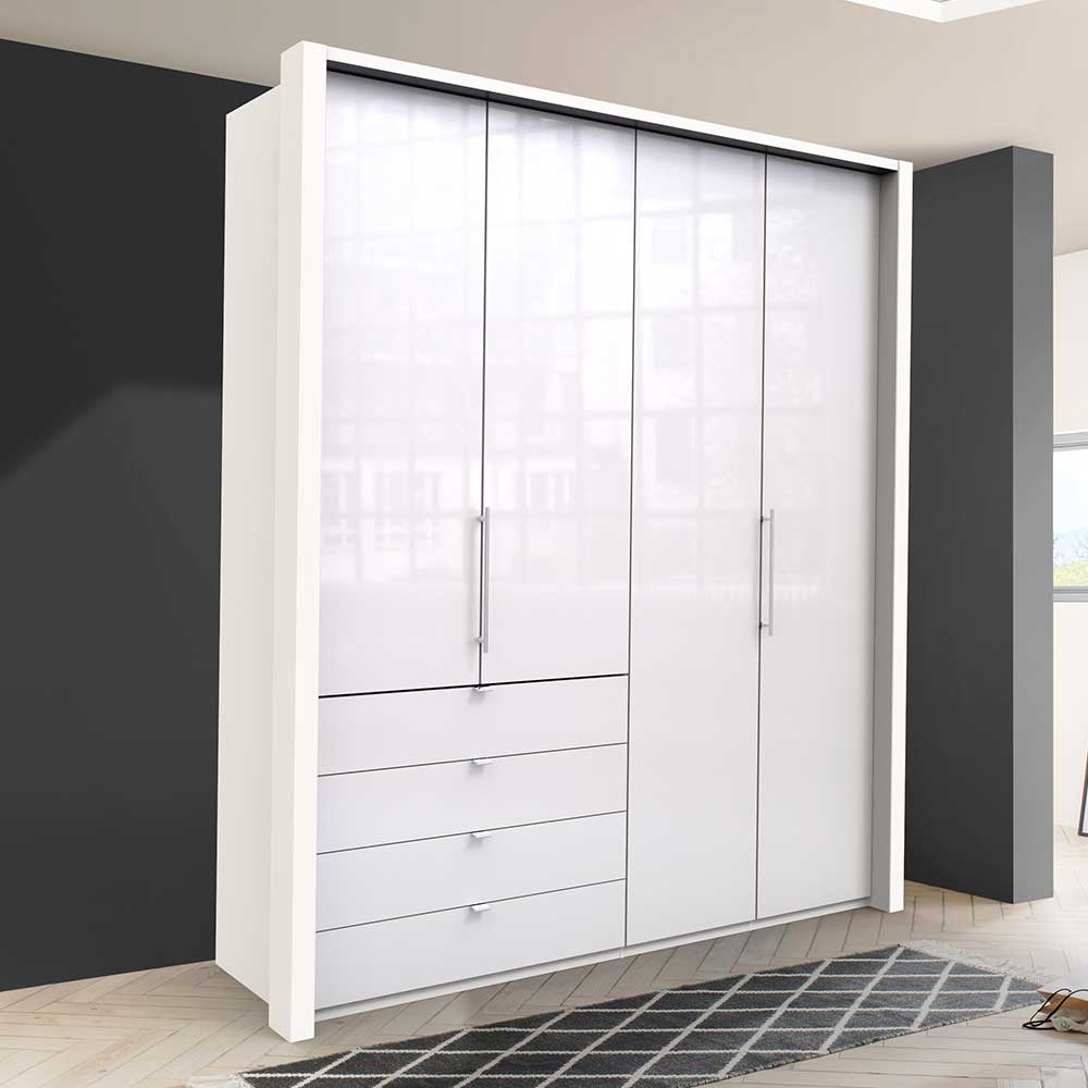 Design Schlafzimmerschrank Grinzia mit Falttüren in Weiß Glas beschichtet