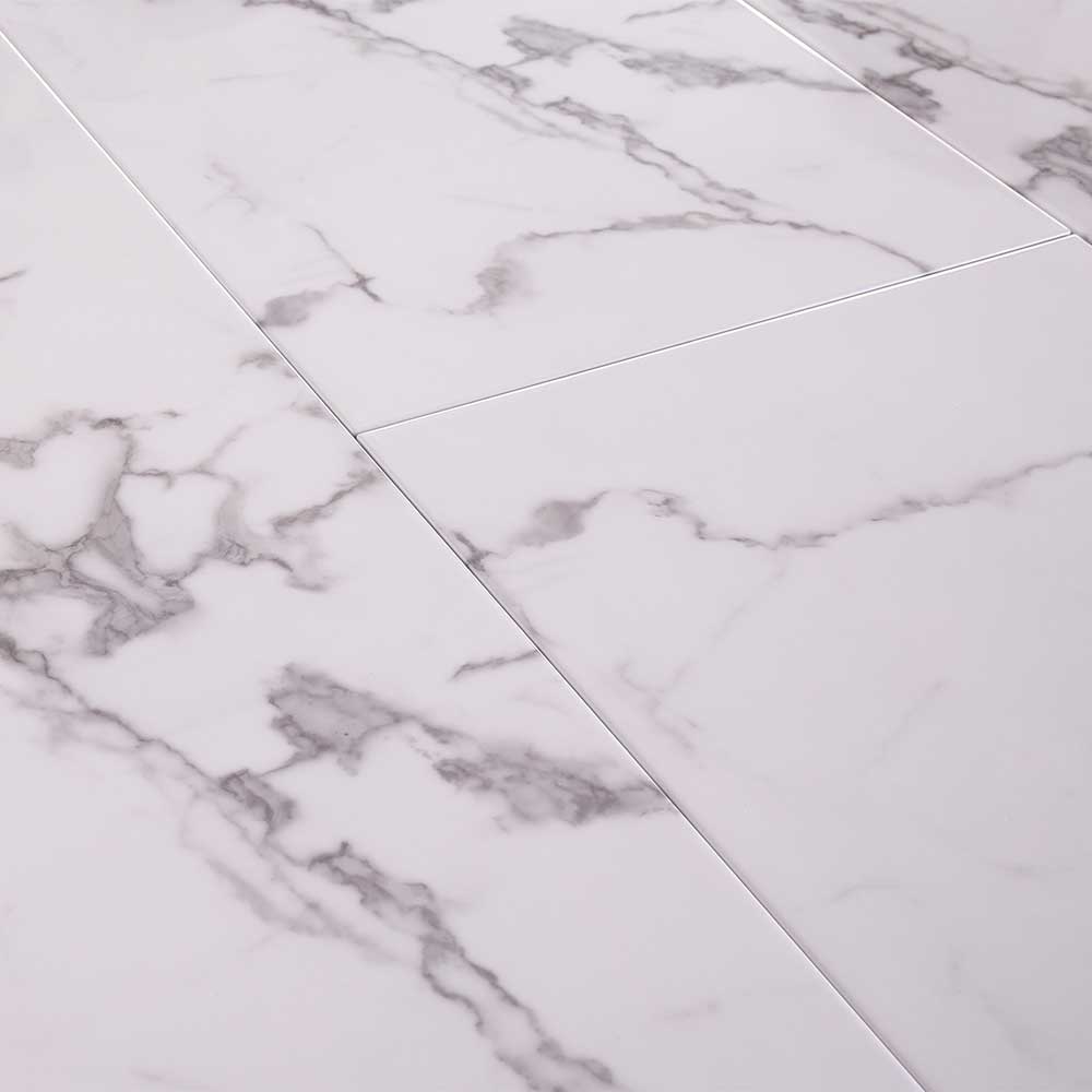 Design Esszimmertisch Celloma in Weiß und Grau mit Glasplatte in Marmoroptik