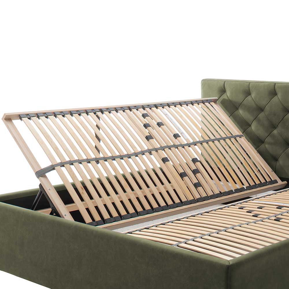 Gepolstertes Bett Baltra in Vintage Oliv Microfaser mit Holzfüßen