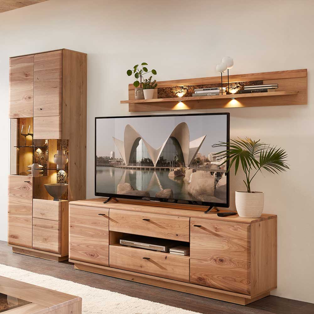 TV Wohnwand teilmassiv Rhoen in modernem Design 204 cm hoch (dreiteilig)