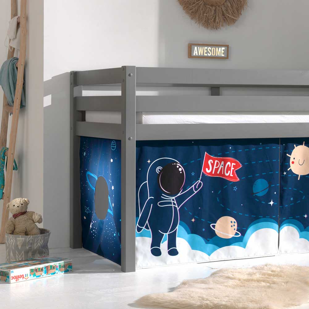 Graues Kinderhochbett Henrietta mit Vorhang Set Motiv Astronaut
