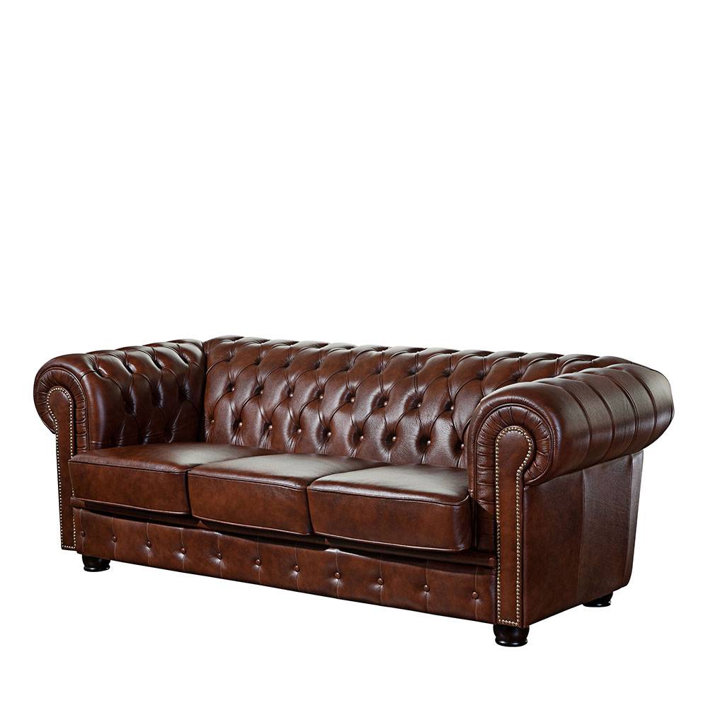 Chesterfield Look Leder Sofa Wengton in Braun 200 cm breit