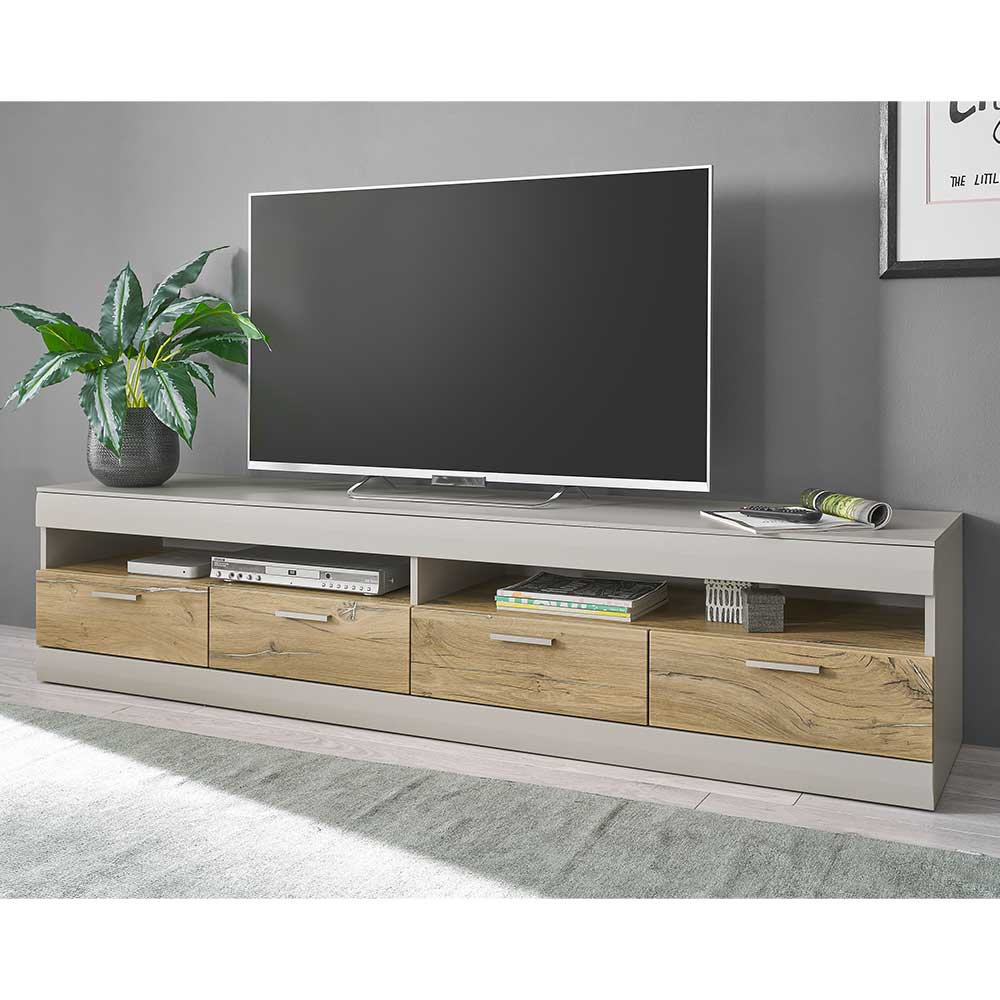 Modernes XL TV-Lowboard Toma in Hellgrau und Zinneichefarben