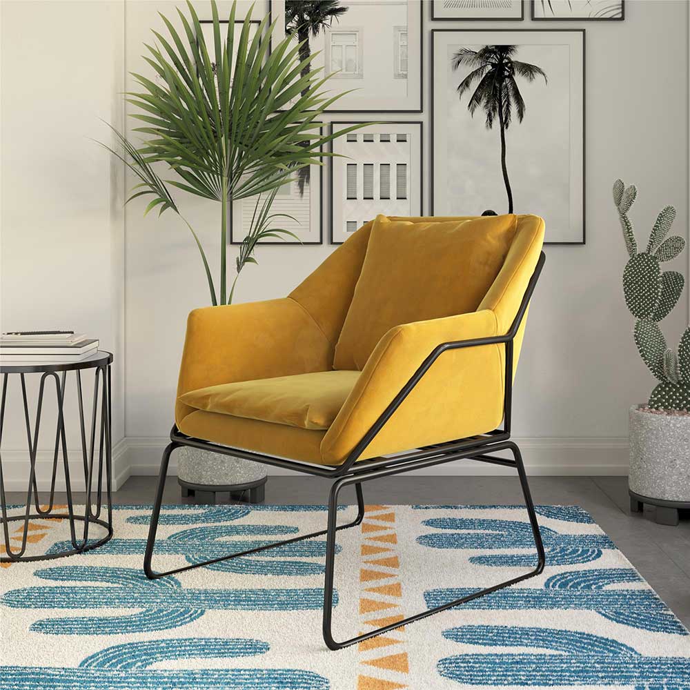 Moderner Sessel Adanassia in Gelb und Schwarz aus Samt und Metall