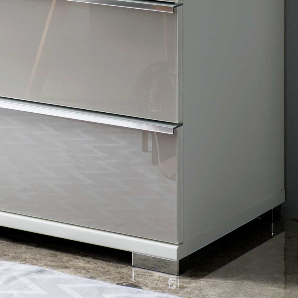 Schlafzimmer Kommode Xarina in Hellgrau Glas beschichtet mit vier Schubladen