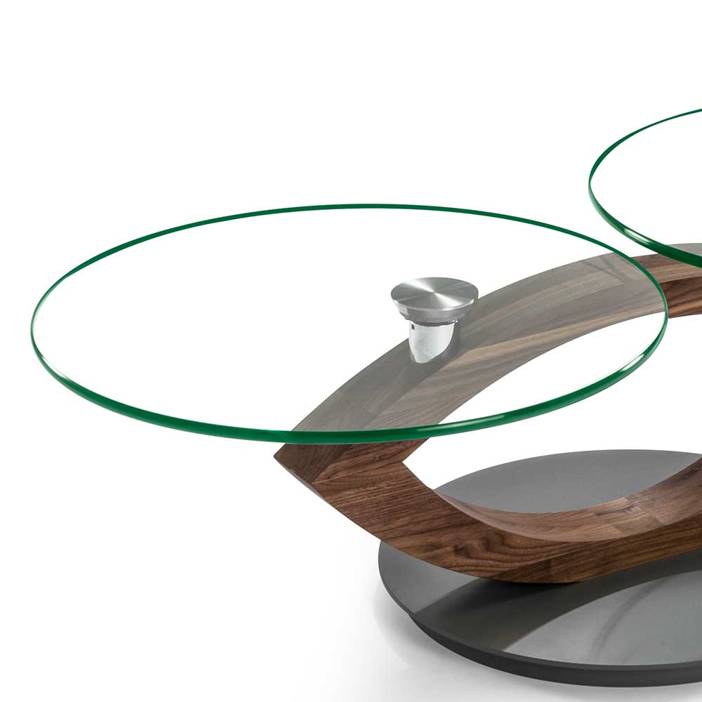 Designercouchtisch Gidius aus Nussbaum Massivholz mit zwei runden Glasplatten