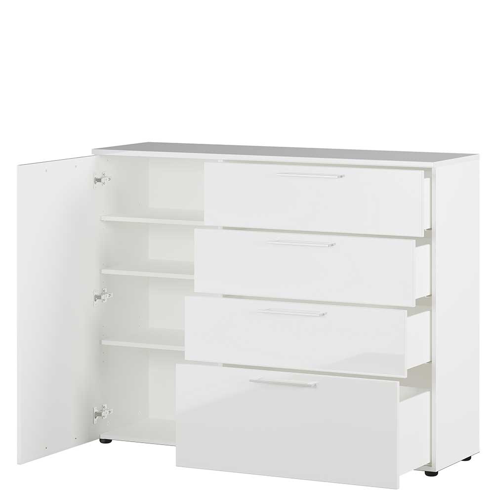 Esszimmersideboard Ensay in Weiß Hochglanz mit vier Soft Close Schubladen