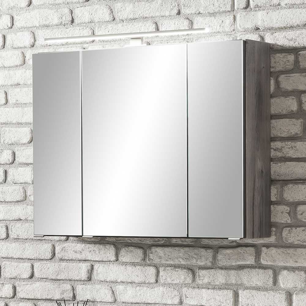 Badezimmer Spiegelschrank Isdrina in Eiche Grau 80 cm breit