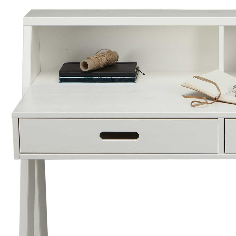 Holz Schreibtisch Heyma in Weiß Kiefer massiv mit erhöhter Ablage