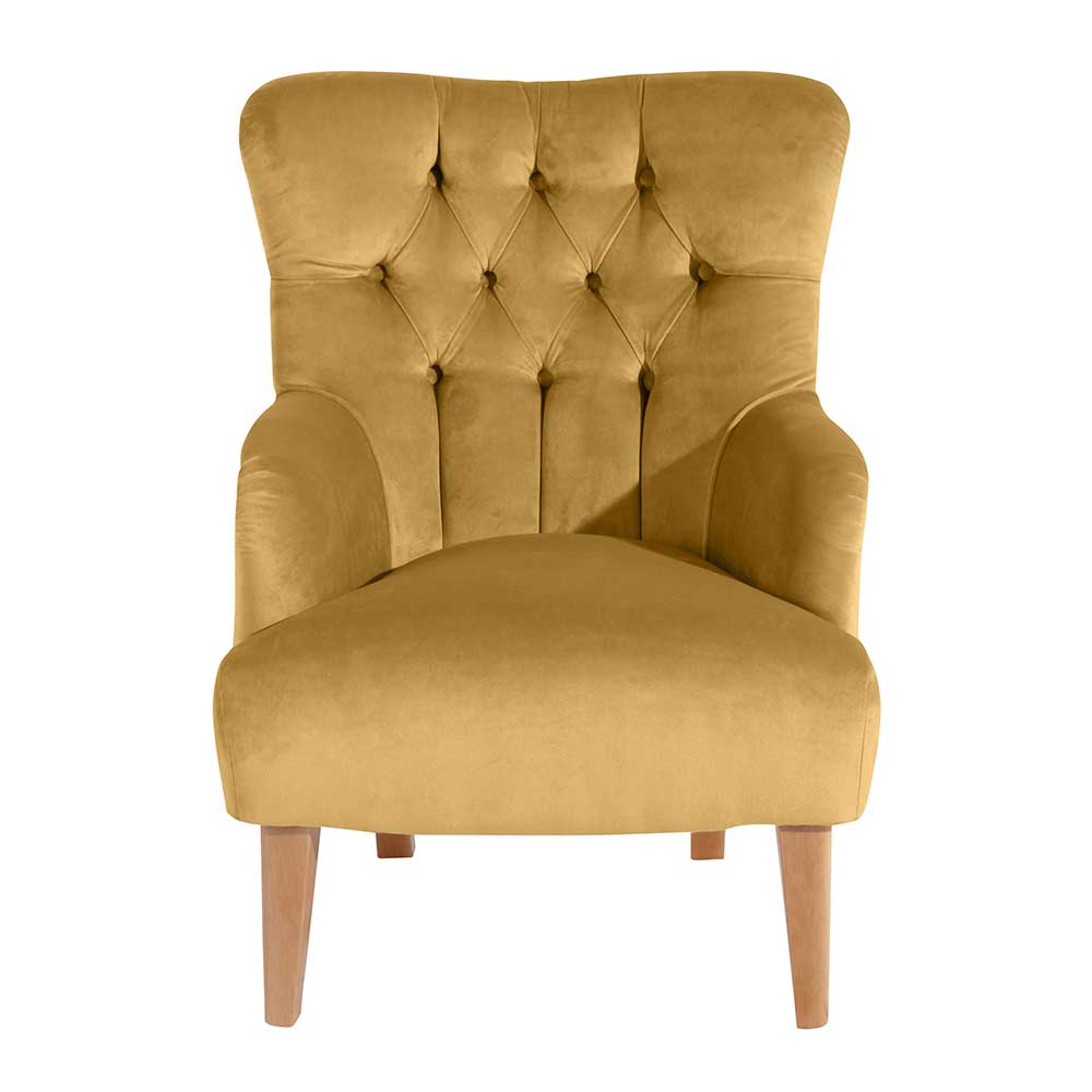Samtvelours Wohnzimmer Sessel Amindo in Gelb mit Vierfußgestell aus Holz