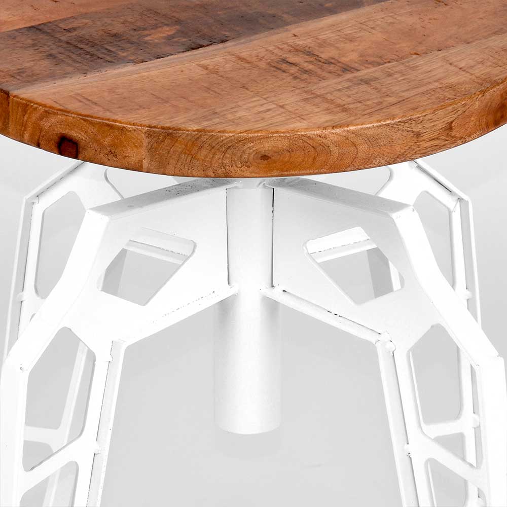 Sitzhocker Ansonka in Weiß Metall mit rundem Massivholzsitz