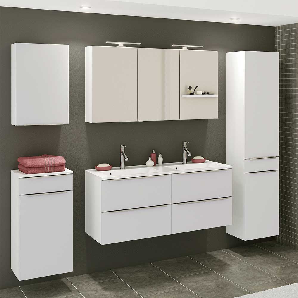 Badezimmermöbel Set Folcora mit Doppel Waschtisch in Weiß (fünfteilig)